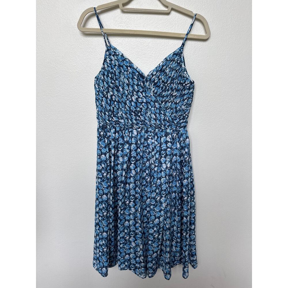 Banana Republic Blue Floral V-Neck Pleated Knee Length Sleeveless Dress Size 4